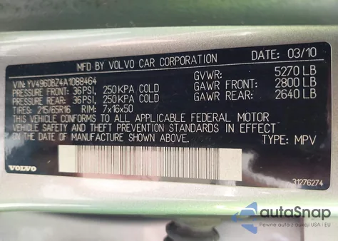2010 Volvo Xc70 3.2 z USA, uszkodzony, nr VIN YV4960BZ4A1088464